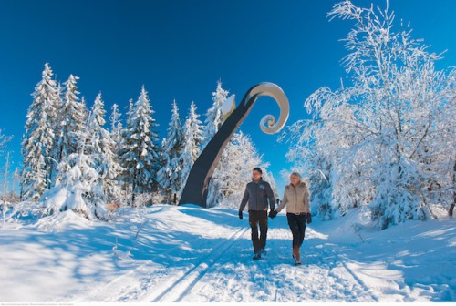 Natur trifft Kunst: Auf dem WaldSkulpturenWeg kann man elf außergewöhnliche Kunstwerke bestaunen und zugleich die herrlich verschneite Landschaft des Sauerlandes erleben. (Foto: epr/Schmallenberger Sauerland)